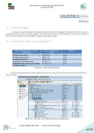 Mise en place d’une plateforme décisionnelle SAP BI
                                                      autour de SAP MM




                                                                                     CHAPITRE 8 : Cubes
                                                                                                                  Réalisés

  I.    Choix de la solution :
         Le projet a suscité l’activation des plusieurs cubes (9 cubes) et j’ai participé à l’activation de 5 cubes à savoir :
module prestation de service, module évaluation des fournisseurs, module groupes d’acheteurs, les achats et valorisation
des stocks pour répondre au besoin LYDEC exprimé dans la partie analyse.


 II.    Liste des Cubes réalisés et mis en production :



               Cubes BI paramétrés et mis en              Nom technique des                      Domaine
                         production                            cubes
           Données des achats                           0PUR_C01                        Achats
           Prestation de services                       0SRV_C01                        Achats
           Groupe d’acheteurs                           0PUR_C04                        Achats
           Evaluation des fournisseurs                  0PUR_C02                        Achats
           Valorisation des stocks : prix articles      0COPC_C04                       Stock
           et valeurs stocks
                                          Tableau      6 : Liste des cubes livrés

         Une vue sur la liste de tous les cubes activés pour ce projet, et qui concerne la gestion des stocks (4 cubes) et les
achats (5 cubes).




                              Figure 29 : Liste des cubes MM activés dans le Workbench


                     SALAH EDDINE BENTALBA            | STAGE DE FIN D’ETUDES

                                                                                                                                 67/79
 