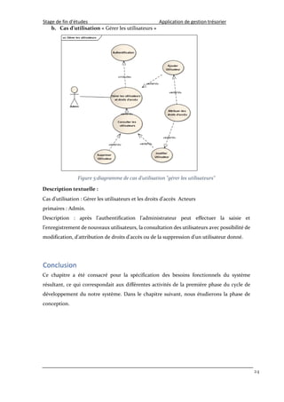 Stage de fin d’études Application de gestion trésorier
24
b. Cas d’utilisation « Gérer les utilisateurs »
Figure 5:diagramme de cas d'utilisation "gérer les utilisateurs"
Description textuelle :
Cas d’utilisation : Gérer les utilisateurs et les droits d’accès Acteurs
primaires : Admin.
Description : après l’authentification l’administrateur peut effectuer la saisie et
l’enregistrement de nouveaux utilisateurs, la consultation des utilisateurs avec possibilité de
modification, d'attribution de droits d'accès ou de la suppression d'un utilisateur donné.
Conclusion
Ce chapitre a été consacré pour la spécification des besoins fonctionnels du système
résultant, ce qui correspondait aux différentes activités de la première phase du cycle de
développement du notre système. Dans le chapitre suivant, nous étudierons la phase de
conception.
 