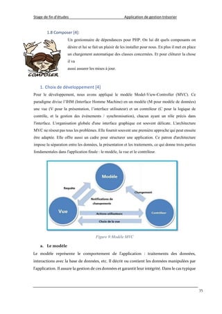 Stage de fin d’études Application de gestion trésorier
35
1.8 Composer [4]:
Un gestionnaire de dépendances pour PHP. On lui dit quels composants on
désire et lui se fait un plaisir de les installer pour nous. En plus il met en place
un chargement automatique des classes concernées. Et pour clôturer la chose
il va
aussi assurer les mises à jour.
1. Choix de développement [4]
Pour le développement, nous avons appliqué le modèle Model-View-Controller (MVC). Ce
paradigme divise l’IHM (Interface Homme Machine) en un modèle (M pour modèle de données)
une vue (V pour la présentation, l’interface utilisateur) et un contrôleur (C pour la logique de
contrôle, et la gestion des événements / synchronisation), chacun ayant un rôle précis dans
l'interface. L'organisation globale d'une interface graphique est souvent délicate. L'architecture
MVC ne résout pas tous les problèmes. Elle fournit souvent une première approche qui peut ensuite
être adaptée. Elle offre aussi un cadre pour structurer une application. Ce patron d'architecture
impose la séparation entre les données, la présentation et les traitements, ce qui donne trois parties
fondamentales dans l'application finale : le modèle, la vue et le contrôleur.
Figure 9:Modéle MVC
a. Le modèle
Le modèle représente le comportement de l'application : traitements des données,
interactions avec la base de données, etc. Il décrit ou contient les données manipulées par
l'application. Il assure la gestion de ces données et garantit leur intégrité. Dans le cas typique
 