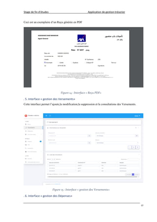 Stage de fin d’études Application de gestion trésorier
41
Ceci est un exemplaire d’un Reçu générée en PDF
Figure 14 : Interface « Reçu PDF»
. 5. Interface « gestion des Versements»
Cette interface permet l’ajoute,la modification,la suppression et la consultations des Versements.
Figure 15 : Interface « gestion des Versements»
. 6. Interface « gestion des Dépenses»
 