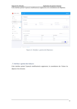 Stage de fin d’études Application de gestion trésorier
42
Cette interface permet l’ajoute,la modification,la suppression et la consultations des Dépenses.
Figure 16 : Interface « gestion des Dépenses»
. 7. Interface « gestion des Valeurs»
Cette interface permet l’ajoute,la modification,la suppression, la consultations des Valeurs les
déposer et les retourner.
 