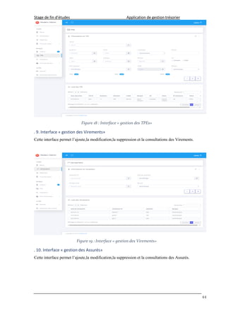 Stage de fin d’études Application de gestion trésorier
44
Figure 18 : Interface « gestion des TPEs»
. 9. Interface « gestion des Virements»
Cette interface permet l’ajoute,la modification,la suppression et la consultations des Virements.
Figure 19 : Interface « gestion des Virements»
. 10. Interface « gestion des Assurés»
Cette interface permet l’ajoute,la modification,la suppression et la consultations des Assurés.
 