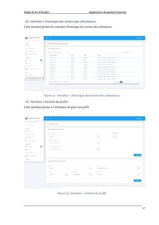 Stage de fin d’études Application de gestion trésorier
47
. 12. Interface « Historique des actions des utilisateurs»
Cette interface permet de consulter l’historique des actions des utilisateurs.
Figure 22 : Interface « Historique des actions des utilisateurs»
. 12. Interface « Gestion de profil»
Cette interface permet a l’utilisateur de gérer son profil.
Figure 23 : Interface « Gestion de profil»
 