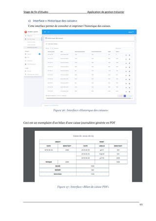 Stage de fin d’études Application de gestion trésorier
49
c) Interface « Historique des caisses»
Cette interface permet de consulter et imprimer l’historique des caisses.
Figure 26 : Interface «Historique des caisses»
Ceci est un exemplaire d’un bilan d’une caisse journalière générée en PDF
Figure 27 : Interface «Bilan de caisse PDF»
 