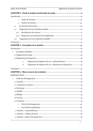 Stage de fin d’études Application de gestion trésorier
5
CHAPITRE 2 : Etude et analyse fonctionnelle du projet ----------------------------------------- 19
Introduction : ----------------------------------------------------------------------------------------------- 20
1. Etude de l’existant ----------------------------------------------------------------------- 20
2. Analyse des besoins ---------------------------------------------------------------------- 20
2.1 les besoins fonctionnels --------------------------------------------------------------------- 20
2.2 Diagrammes de cas d’utilisation global --------------------------------------------------- 20
2.2.1 identification des Acteurs : --------------------------------------------------------------- 21
2.2.2 Diagramme cas d’utilisation de l’application : ----------------------------------------- 21
2.3 Diagrammes de cas d’utilisation détaillés ------------------------------------------------ 23
Conclusion -------------------------------------------------------------------------------------------------- 24
CHAPITRE 3 : Conception de la solution ------------------------------------------------------------ 25
Introduction ------------------------------------------------------------------------------------------------ 26
2 Conception détaillées ----------------------------------------------------------------------------- 26
2.1 Diagramme de classe ----------------------------------------------------------------------------- 26
2.2Diagrammes de séquences ----------------------------------------------------------------------- 28
a. Diagramme de séquence du cas « authentification» ----------------------- 28
b. Diagramme de séquence du cas « Operations du Quittance» ------------ 29
Conclusion -------------------------------------------------------------------------------------------------- 30
CHAPITRE 4 : Mise en œuvre de la solution -------------------------------------------------------- 31
INTRODUCTION ------------------------------------------------------------------------------------------ 32
1. Outils de développement : ----------------------------------------------------------------------- 32
1.1 Laravel5 : ------------------------------------------------------------------------------------------- 32
1.2 2 Enterprise Architect: --------------------------------------------------------------------------- 33
1.3 Bootsrap4 : ----------------------------------------------------------------------------------------- 33
1.4 XAMPP : ------------------------------------------------------------------------------------------- 34
1.5 MySQL : -------------------------------------------------------------------------------------------- 34
1.6 VsCode : -------------------------------------------------------------------------------------------- 34
1.7 Composer : ----------------------------------------------------------------------------------------- 35
1. Choix de développement ---------------------------------------------------------------- 35
2. Les interfaces graphiques --------------------------------------------------------------- 36
. 1. Interface « Authentification » ------------------------------------------------------------------ 37
. 2. Interface « Tableau de bord» ------------------------------------------------------------------- 38
. 3. Interface « gestion des quittances» ------------------------------------------------------------ 39
 