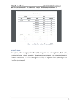Stage de fin d’études Application de gestion trésorier
51
Ceci est un exemplaire d’un bilan d’une banque Mensuelle générée en PDF
Figure 30 : Interface «Bilan de banque PDF»
Conclusion
La dernière partie de ce projet était dédiée à la navigation dans notre application. Cette partie
constitue le dernier volet de ce rapport ; elle a pour objet de présenter l’environnement logiciel et
matériel de réalisation. Elle a été clôturée par l’exposition des imprimés écrans décrivant quelques
interfaces de notre outil.
 