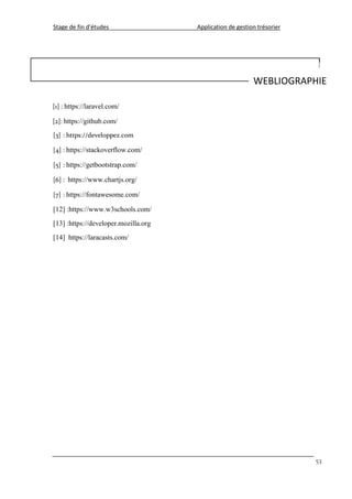 Stage de fin d’études Application de gestion trésorier
53
[1] : https://laravel.com/
[2]: https://github.com/
[3] : https://developpez.com
[4] : https://stackoverflow.com/
[5] : https://getbootstrap.com/
[6] : https://www.chartjs.org/
[7] : https://fontawesome.com/
[12] :https://www.w3schools.com/
[13] :https://developer.mozilla.org
[14] https://laracasts.com/
WEBLIOGRAPHIE
 