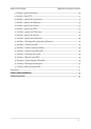 Stage de fin d’études Application de gestion trésorier
6
. 4. Interface « gestion des Reçus» ------------------------------------------------------------------ 40
. 5. Interface « Reçu PDF » --------------------------------------------------------------------------- 41
. 6. Interface « gestion des Versements» ----------------------------------------------------------- 41
. 7. Interface « gestion des Dépenses»-------------------------------------------------------------- 42
. 8. Interface « gestion des Valeurs» ---------------------------------------------------------------- 43
. 9. Interface « gestion des TPEs» ------------------------------------------------------------------- 44
. 10. Interface « gestion des Virements» ----------------------------------------------------------- 44
. 11. Interface « gestion des Assurés» ---------------------------------------------------------------- 45
. 12. Interface « gestion des Utilisateurs» ---------------------------------------------------------- 46
. 13. Interface « Historique des actions des utilisateurs» ----------------------------------------- 47
. 14. Interface « Gestion de profil » ----------------------------------------------------------------- 47
. 15. Interface « Gestion Caisse Journalière» ------------------------------------------------------- 48
. 16. Interface « Gestion Caisse Mensuell» --------------------------------------------------------- 48
. 17. Interface « Historique des caisse» ------------------------------------------------------------- 49
. 18. Interface « Bilan de caisse PDF» --------------------------------------------------------------- 49
. 19. Interfacee «Gestion Banque Mensuelle» ------------------------------------------------------ 50
. 20. Interface «Historique des banques» -----------------------------------------------------------50
. 21. Interface «Bilan de banque PDF» ------------------------------------------------------------- 51
Conclusion -------------------------------------------------------------------------------------------------- 51
CONCLUSION GENERALE ------------------------------------------------------------------------------- 52
WEBLIOGRAPHIE ------------------------------------------------------------------------------------------ 53
 