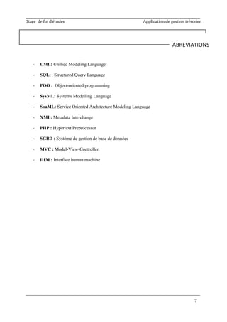Stage de fin d’études Application de gestion trésorier
7
- UML: Unified Modeling Language
- SQL: Structured Query Language
- POO : Object-oriented programming
- SysML: Systems Modelling Language
- SoaML: Service Oriented Architecture Modeling Language
- XMI : Metadata Interchange
- PHP : Hypertext Preprocessor
- SGBD : Système de gestion de base de données
- MVC : Model-View-Controller
- IHM : Interface human machine
ABREVIATIONS
 
