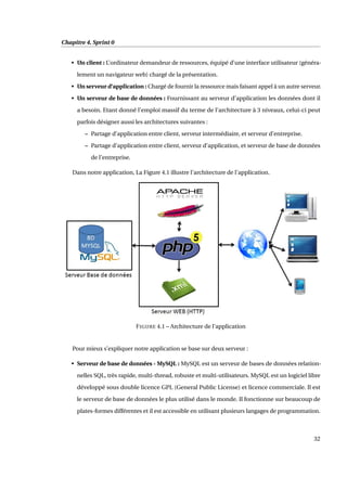 Chapitre 4. Sprint 0
• Un client : L’ordinateur demandeur de ressources, équipé d’une interface utilisateur (généra-
lement un navigateur web) chargé de la présentation.
• Un serveur d’application : Chargé de fournir la ressource mais faisant appel à un autre serveur.
• Un serveur de base de données : Fournissant au serveur d’application les données dont il
a besoin. Etant donné l’emploi massif du terme de l’architecture à 3 niveaux, celui-ci peut
parfois désigner aussi les architectures suivantes :
– Partage d’application entre client, serveur intermédiaire, et serveur d’entreprise.
– Partage d’application entre client, serveur d’application, et serveur de base de données
de l’entreprise.
Dans notre application, La Figure 4.1 illustre l’architecture de l’application.
FIGURE 4.1 – Architecture de l’application
Pour mieux s’expliquer notre application se base sur deux serveur :
• Serveur de base de données - MySQL : MySQL est un serveur de bases de données relation-
nelles SQL, très rapide, multi-thread, robuste et multi-utilisateurs. MySQL est un logiciel libre
développé sous double licence GPL (General Public License) et licence commerciale. Il est
le serveur de base de données le plus utilisé dans le monde. Il fonctionne sur beaucoup de
plates-formes différentes et il est accessible en utilisant plusieurs langages de programmation.
32
 