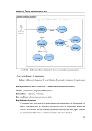 Chapitre 6. Étude et réalisation du Sprint 2
FIGURE 6.2 – Rafﬁnement du cas d’utilisation « Gérer les indicateurs de maintenance »
« Gérer les indicateurs de maintenance »
La Figure 6.2 illustre le diagramme de cas d’utilisation de gestion des indicateurs de maintenance.
Description textuelle du cas d’utilisation « Gérer les indicateurs de maintenance »
Acteur : Administrateur, Responsable Maintenance.
Pré-condition : Utilisateur authentiﬁé.
Post-condition : Indicateur de maintenance gérée.
Description des Scénarios :
L’utilisateur, étant authentiﬁé, pourra gérer l’ensemble des indicateurs de maintenance. En
effet, il aura l’éventualité de consulter la liste des indicateurs de maintenance, afﬁcher les
détails d’un indicateur, ajouter, modiﬁer, supprimer un indicateur. En outre, il peut chercher
un indicateur en se basant sur le critère de recherche et la valeur cherchée.
76
 