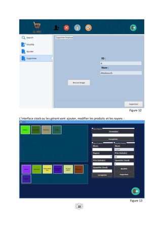 Figure 12
L’interface stock ou les gérant vont ajouter, modifier les produits et les rayons :
Figure 13
10
 