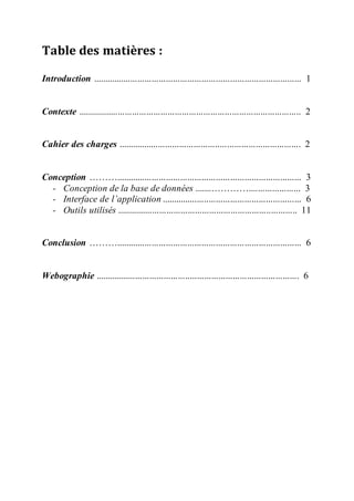 Table des matières :
Introduction ........................................................................................ 1
Contexte .............................................................................................. 2
Cahier des charges ............................................................................. 2
Conception ……….............................................................................. 3
- Conception de la base de données .......…………...................... 3
- Interface de l’application ........................................................... 6
- Outils utilisés ............................................................................ 11
Conclusion ……….............................................................................. 6
Webographie ...................................................................................... 6
 