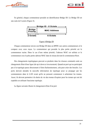 En général, chaque commutateur possède un identificateur Bridge ID. Le Bridge ID est
une suite de 8 octets (Figure 4).




                                      Figure 4:Bridge ID

    Chaque commutateur envoie son Bridge ID dans un BPDU aux autres commutateurs et le
compare avec ceux reçus. Le commutateur qui possède la plus petite priorité est le
commutateur racine. Dans le cas d une même priorité, l adresse MAC est utilisée et le
commutateur avec la plus petite adresse MAC dans le réseau devient le commutateur Root.

    Des changements topologiques peuvent se produire dans les réseaux commutés suite au
changement d'état d'une ligne (de up à down et inversement). Quand un port qui ne participait
pas à la topologie passe directement à l'état d'acheminement, cela peut créer des boucles. Les
ports doivent attendre la nouvelle information de topologie pour se propager par les
commutateurs dans le LAN avant qu'ils ne puissent commencer à acheminer les trames.
Aussi, ils doivent permettre à la durée de vie des trames d'expirer pour les trames qui ont été
expédiés en utilisant l'ancienne topologie.

    La figure suivante illustre le changement d'état d un port




                                                                                           20
 