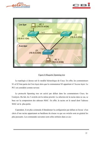 Figure 6:Maquette Spanning tree

    La topologie ci dessus suit le modèle hiérarchique de Cisco. En effet, les commutateurs
S1 et S2 font partie du Core layer alors que le commutateur S3 appartient à l Access layer. Le
PC1 est considéré comme serveur.

    Le protocole Spanning tree est activé par défaut dans les commutateurs Cisco, les
Catalysts. Du fait, les 3 switchs ont la même priorité. La sélection de la racine dans se cas, se
base sur la comparaison des adresses MAC. En effet, la racine est le n ud dont l adresse
MAC est la plus petite.

    Cependant, il est plus commode d abandonner la configuration par défaut en faveur d un
choix d une racine appartenant au backbone du réseau vu que ses switchs sont en général les
plus puissants. Les commandes suivantes sont celles utilisées dans ce cas :




                                                                                             22
 