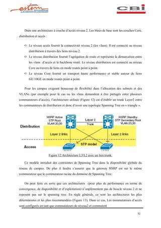 Dans une architecture à couche d accès niveau 2, Les blocs de base sont les couches Core,
distribution et accès :

    ð Le niveau accès fournit la connectivité niveau 2 (les vlans). Il est connecté au niveau
        distribution à travers des liens niveau 2.
    ð Le niveau distribution fournit l agrégation de route et représente la démarcation entre
        les vlans d accès et le backbone routé. Le niveau distribution est connecté au niveau
        Core au travers de liens en mode routés point à point.
    ð Le niveau Core fournit un transport haute performance et stable autour de liens
        GE/10GE en mode routés point à point.

    Pour les campus exigeant beaucoup de flexibilité dans l allocation des subnets et des
VLANs (par exemple pour le cas ou les vlans demandent à être partagés entre plusieurs
commutateurs d accès), l architecture utilisée (Figure 12) est d établir un trunk Layer2 entre
les commutateurs de distribution et donc d avoir une topologie Spanning Tree en « triangle ».




                          Figure 12:Architecture L3/L2 avec un lien trunk.

    Ce modèle introduit des contraintes de Spanning Tree dans la disponibilité globale du
réseau de campus. De plus il faudra s assurer que la gateway HSRP est sur le même
commutateur que le commutateur racine du domaine de Spanning Tree.

    On peut faire en sorte que ces architectures (pour plus de performance en terme de
convergence, de disponibilité et d exploitation) n implémentent pas de boucle niveau 2 et ne
reposent pas sur le spanning tree. En règle générale, ce sont les architectures les plus
déterministes et les plus recommandées (Figure 13). Dans ce cas, Les commutateurs d accès
sont configurés en tant que commutateurs de niveau2 et commutent

                                                                                          32
 