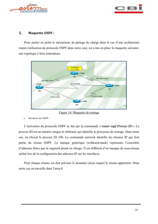 5.       Maquette OSPF :

     Pour mettre en point le mécanisme de partage de charge dans le cas d une architecture
routée (utilisation du protocole OSPF dans notre cas), on a mis en place la maquette suivante:
une topologie à liens redondants.




                                  Figure 14: Maquette de routage
     Ø   Activation de l OSPF :



     L activation du protocole OSPF se fait par la commande « router ospf Process ID ». Le
process ID est un numéro unique et arbitraire qui identifie le processus de routage. Dans notre
cas, on choisit le process ID 100. La commande network identifie les réseaux IP qui font
partie du réseau OSPF. Le masque générique (wildcard-mask) représente l ensemble
d adresses hôtes que le segment prend en charge. Il est différent d un masque de sous-réseau
utilisé lors de la configuration des adresses IP sur les interfaces.

     Pour chaque réseau, on doit préciser le domaine (area) auquel le réseau appartient. Dans
notre cas on travaille dans l area 0.




                                                                                           38
 