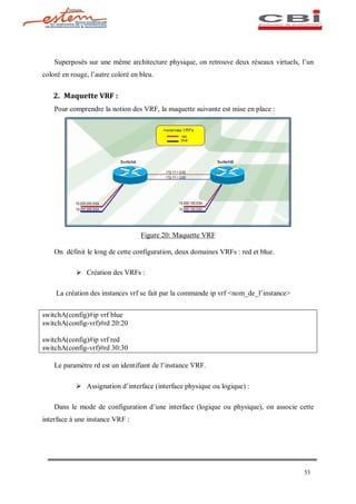 Superposés sur une même architecture physique, on retrouve deux réseaux virtuels, l un
coloré en rouge, l autre coloré en bleu.


   2. Maquette VRF :
    Pour comprendre la notion des VRF, la maquette suivante est mise en place :




                                   Figure 20: Maquette VRF

    On définit le long de cette configuration, deux domaines VRFs : red et blue.

            Ø Création des VRFs :

    La création des instances vrf se fait par la commande ip vrf <nom_de_l instance>


switchA(config)#ip vrf blue
switchA(config-vrf)#rd 20:20

switchA(config)#ip vrf red
switchA(config-vrf)#rd 30:30

    Le paramètre rd est un identifiant de l instance VRF.

            Ø Assignation d interface (interface physique ou logique) :

    Dans le mode de configuration d une interface (logique ou physique), on associe cette
interface à une instance VRF :




                                                                                       53
 