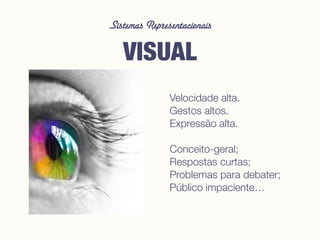 Sistemas Representacionais
VISUAL
Velocidade alta.
Gestos altos.
Expressão alta.
Conceito-geral;
Respostas curtas;
Problemas para debater;
Público impaciente…
 