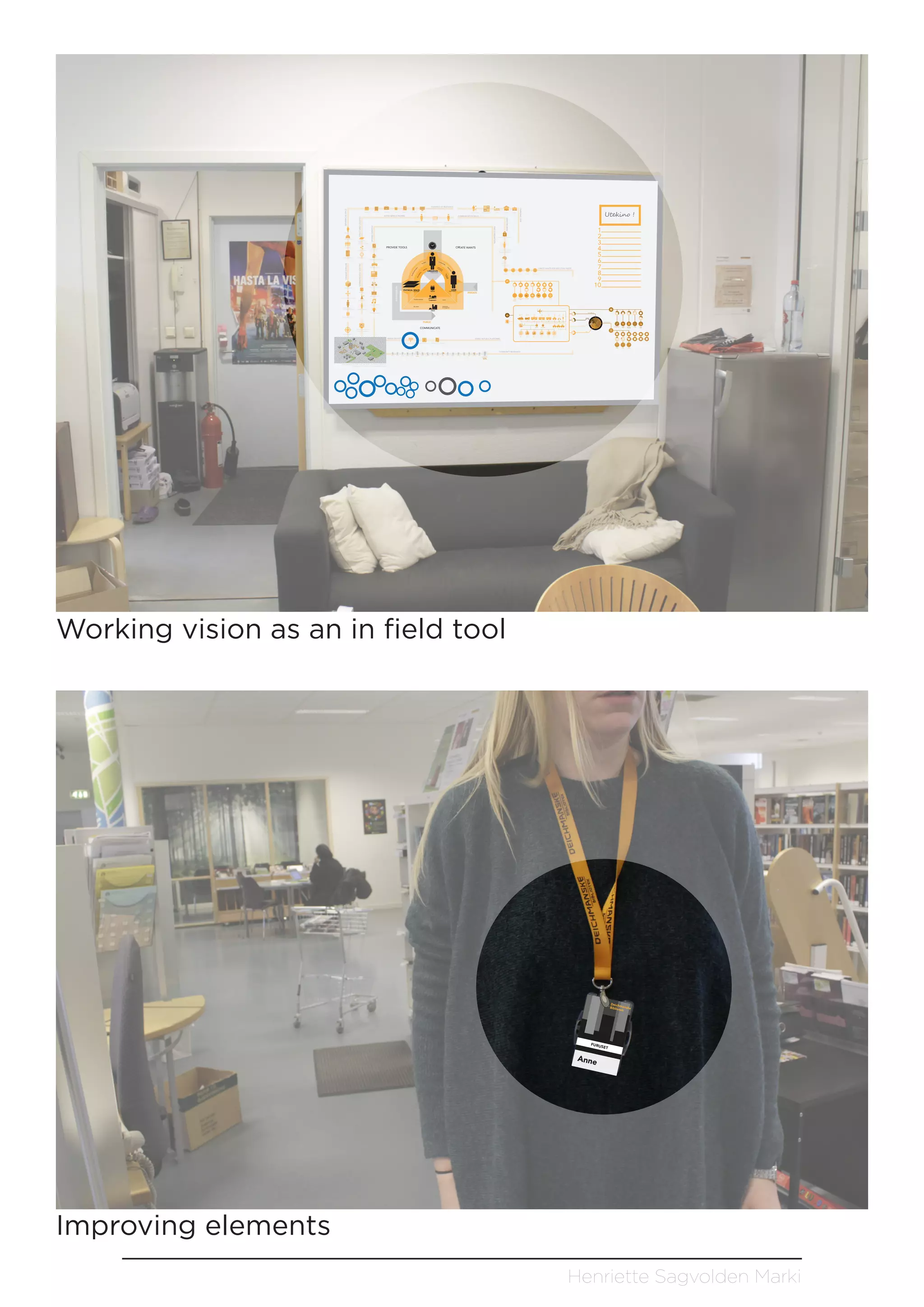 Henriette Sagvolden Marki
Anne
DeichmanskeBibliotek
FURUSET
aver
age
6
7-74
yo
4
5-66yo
25
-44yo
16-
24
yo
T
CHANNELS OF RELEVANCE
COMMUNICATION SKILLS
52%
Doctor Security CleanerLibrarian Nurse
Elderly
Drug dealer
Teenager
Pregnant Teacher VolunteerAdult man
Immigrants
Adult woman TrainerSports teamPoliceParentOffice worker
USERPERCIEVES
CHANGINGUSER
TIMECONSUMPTION
COMMUNICATEDCONTENT
DYNAMICINTERIOR
PROVIDE TOOLS
COMMUNICATE
Performativespace
Facilitate Communicate
E
xperience
Adaption &
Perseption
Accessability
Usability ownership
ofspace
PRIVATE
RELEVANCE IN TIME
PUBLIC
SOCIAL
COMMUNITY
PUBLIC
Provide relevance Active
Awareness
& recognition
Be visible
USERPHYSICAL SPACE
PLATFORM
LIBRARIAN
PARTICIPANT
CONDUCTOR
Intermediate
OFFEREDCONTENT
EXPERIENCEDSPACE
STRUCTUREDLOGISTICS
ACTIVE SERVICE PROMISE
VISIBLE IDENTITY
CREATE WANTS FOR EXECUTING NEEDS
COMMUNITY RELEVANCE
Sight Smell Taste Touch Hearing
Intellect
Memory
Perception
Psycological barriers
or requirements for
physical interaction
Platforms documenting change
Tecnology MediaNews NetworkCulture Internett
Social network Public WorkSchool
CREATE WANTS
i
i
Time relevant
knowledge
Informational knowledge
Technical content
Social events
Performative content
intellectual content
Opportunities in change
Information
Intuitive use
Hybrid space
Individual needs
in working behavior
Seamless use
Organic system
Communication
service
Human centered service
15
Calendar
Interior usabilty
Functionality
Availability
Opportunity
Distribute content and
information outside.
Access to ownership
Direct target
Market identity
VISIBLE IN PUBLIC PLATFORMS
Social groups
Representative for
the open and free platform
Community based key actors, social, educational, commercial or institutional.
Area based physical space, park, sport arenas and nature.
LIBRARY
Cultural content
Social meeting place
Sensory elements
Niche preserver
Intermediary for
collaborators,
services and events
Remind and inform Channels of awareness
1
2
3
4
5
6
7
8
9
10
U����n� !
Working vision as an in field tool
Improving elements
 