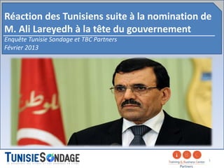 Réaction des Tunisiens suite à la nomination de
M. Ali Lareyedh à la tête du gouvernement
Enquête Tunisie Sondage et TBC Partners
Février 2013




                                              1
 