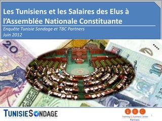 Les Tunisiens et les Salaires des Elus à
l’Assemblée Nationale Constituante
Enquête Tunisie Sondage et TBC Partners
Juin 2012




                                           1
 