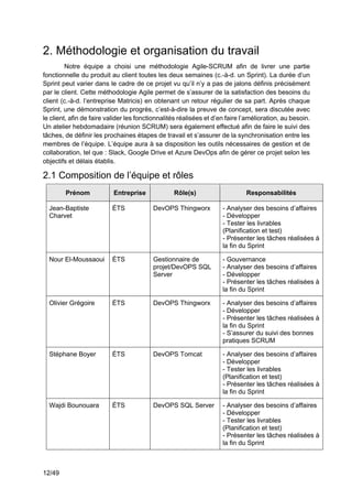 12/49
2. Méthodologie et organisation du travail
Notre équipe a choisi une méthodologie Agile-SCRUM afin de livrer une partie
fonctionnelle du produit au client toutes les deux semaines (c.-à-d. un Sprint). La durée d’un
Sprint peut varier dans le cadre de ce projet vu qu’il n’y a pas de jalons définis précisément
par le client. Cette méthodologie Agile permet de s’assurer de la satisfaction des besoins du
client (c.-à-d. l’entreprise Matricis) en obtenant un retour régulier de sa part. Après chaque
Sprint, une démonstration du progrès, c’est-à-dire la preuve de concept, sera discutée avec
le client, afin de faire valider les fonctionnalités réalisées et d’en faire l’amélioration, au besoin.
Un atelier hebdomadaire (réunion SCRUM) sera également effectué afin de faire le suivi des
tâches, de définir les prochaines étapes de travail et s’assurer de la synchronisation entre les
membres de l’équipe. L’équipe aura à sa disposition les outils nécessaires de gestion et de
collaboration, tel que : Slack, Google Drive et Azure DevOps afin de gérer ce projet selon les
objectifs et délais établis.
2.1 Composition de l’équipe et rôles
Prénom Entreprise Rôle(s) Responsabilités
Jean-Baptiste
Charvet
ÉTS DevOPS Thingworx - Analyser des besoins d’affaires
- Développer
- Tester les livrables
(Planification et test)
- Présenter les tâches réalisées à
la fin du Sprint
Nour El-Moussaoui ÉTS Gestionnaire de
projet/DevOPS SQL
Server
- Gouvernance
- Analyser des besoins d’affaires
- Développer
- Présenter les tâches réalisées à
la fin du Sprint
Olivier Grégoire ÉTS DevOPS Thingworx - Analyser des besoins d’affaires
- Développer
- Présenter les tâches réalisées à
la fin du Sprint
- S’assurer du suivi des bonnes
pratiques SCRUM
Stéphane Boyer ÉTS DevOPS Tomcat - Analyser des besoins d’affaires
- Développer
- Tester les livrables
(Planification et test)
- Présenter les tâches réalisées à
la fin du Sprint
Wajdi Bounouara ÉTS DevOPS SQL Server - Analyser des besoins d’affaires
- Développer
- Tester les livrables
(Planification et test)
- Présenter les tâches réalisées à
la fin du Sprint
 