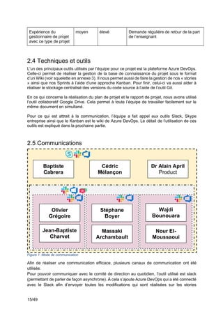 15/49
Expérience du
gestionnaire de projet
avec ce type de projet
moyen élevé Demande régulière de retour de la part
de l’enseignant
2.4 Techniques et outils
L’un des principaux outils utilisés par l’équipe pour ce projet est la plateforme Azure DevOps.
Celle-ci permet de réaliser la gestion de la base de connaissance du projet sous le format
d’un Wiki (voir squelette en annexe 3). Il nous permet aussi de faire la gestion de nos « stories
» ainsi que nos Sprints à l’aide d’une approche Kanban. Pour finir, celui-ci va aussi aider à
réaliser le stockage centralisé des versions du code source à l’aide de l’outil Git.
En ce qui concerne la réalisation du plan de projet et le rapport de projet, nous avons utilisé
l’outil collaboratif Google Drive. Cela permet à toute l’équipe de travailler facilement sur le
même document en simultané.
Pour ce qui est attrait à la communication, l’équipe a fait appel aux outils Slack, Skype
entreprise ainsi que le Kanban est le wiki de Azure DevOps. Le détail de l’utilisation de ces
outils est expliqué dans la prochaine partie.
2.5 Communications
Figure 1: Mode de communication
Afin de réaliser une communication efficace, plusieurs canaux de communication ont été
utilisés.
Pour pouvoir communiquer avec le comité de direction au quotidien, l’outil utilisé est slack
(permettant de parler de façon asynchrone). À cela s’ajoute Azure DevOps qui a été connecté
avec le Slack afin d’envoyer toutes les modifications qui sont réalisées sur les stories
Équipe
Comité de
Comité de
Équipe Équipe
Baptiste
Cabrera
Product
Cédric
Mélançon
Product
Dr Alain April
Product
Owner
Olivier
Grégoire
Documentalist
Jean-Baptiste
Charvet
DevOPS
Stéphane
Boyer
DevOPS
Wajdi
Bounouara
DevOPS
Massaki
Archambault
Expert
Nour El-
Moussaoui
Chef de projet/
Équipe Équipe
 
