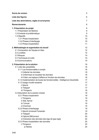 3/49
Suivis de version 5
Liste des figures 6
Liste des abréviations, sigles et acronymes 7
Remerciements 8
1. Présentation du projet 9
1.1 Présentation de Matricis 9
1.2 Contexte et problématique 9
1.3 Objectifs 10
1.3.1 Phase d’exploration 10
1.3.2 Phases d’interfaçage 10
1.3.3 Phase d’exploitation 11
2. Méthodologie et organisation du travail 12
2.1 Composition de l’équipe et rôles 12
2.2 Livrables 13
2.3 Risques 14
2.4 Techniques et outils 15
2.5 Communications 15
3. Présentation de la solution 16
3.1 Liste des possibilités 16
3.1.1 Les fonctionnalités à remplir 16
i/ Collecter les données 16
ii/ Uniformiser et visualiser les données 16
iii/ Créer une logique d’affaire en fonction les données 16
3.1.2 Implémentation de toutes les fonctionnalités : Intelligence Industrielle 17
3.1.3 Usage d’outils existants 17
i/ Splunk 17
ii/ Telegraf 17
iii/ Thingworx 18
3.2 Description de la solution choisie 18
3.2.1 Phase d’exploration 18
i/ Thingworx 18
ii/ SQL Server 19
iii/ Tomcat 19
iv/ Eventvwr 19
3.2.2 Phase d’interfaçage 19
i/ Splunk Universal Forwarder 19
ii/ Telegraf 20
iii/ Splunk DBConnect 20
iv/ Extraction des données des logs de type log4j 22
3.2.3 Phase d’exploitation des données 22
i/ Thingworx 23
a/ Alertes 24
 