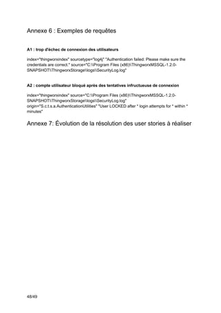 48/49
Annexe 6 : Exemples de requêtes
A1 : trop d'échec de connexion des utilisateurs
index="thingworxindex" sourcetype="log4j" "Authentication failed: Please make sure the
credentials are correct." source="C:Program Files (x86)ThingworxMSSQL-1.2.0-
SNAPSHOTThingworxStoragelogsSecurityLog.log"
A2 : compte utilisateur bloqué après des tentatives infructueuse de connexion
index="thingworxindex" source="C:Program Files (x86)ThingworxMSSQL-1.2.0-
SNAPSHOTThingworxStoragelogsSecurityLog.log"
origin="S.c.t.s.a.AuthenticationUtilities" "User LOCKED after * login attempts for * within *
minutes"
Annexe 7: Évolution de la résolution des user stories à réaliser
 