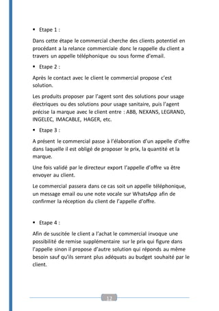 12
 Etape 1 :
Dans cette étape le commercial cherche des clients potentiel en
procédant a la relance commerciale donc le rappelle du client a
travers un appelle téléphonique ou sous forme d’email.
 Etape 2 :
Après le contact avec le client le commercial propose c’est
solution.
Les produits proposer par l’agent sont des solutions pour usage
électriques ou des solutions pour usage sanitaire, puis l’agent
précise la marque avec le client entre : ABB, NEXANS, LEGRAND,
INGELEC, IMACABLE, HAGER, etc.
 Etape 3 :
A présent le commercial passe à l’élaboration d’un appelle d’offre
dans laquelle il est obligé de proposer le prix, la quantité et la
marque.
Une fois validé par le directeur export l’appelle d’offre va être
envoyer au client.
Le commercial passera dans ce cas soit un appelle téléphonique,
un message email ou une note vocale sur WhatsApp afin de
confirmer la réception du client de l’appelle d’offre.
 Etape 4 :
Afin de suscitée le client a l’achat le commercial invoque une
possibilité de remise supplémentaire sur le prix qui figure dans
l’appelle sinon il propose d’autre solution qui réponds au même
besoin sauf qu’ils serrant plus adéquats au budget souhaité par le
client.
 