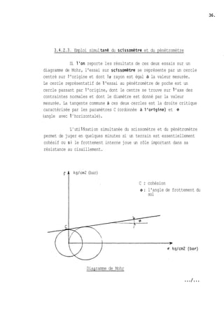 3.4.2.3. Emploi simul tané du scissomètre et du pénétromètre 
Si l'on reporte les résultats de ces deux essais sur un 
diagramme de Mohr, l'essai sur scPssomètre se représente par un cercle 
centré sur l 'origine et dont le rayon est égal à la valeur mesurée. 
Le cercle représentatif de 1 'essai au pénétromètre de poche est un 
cercle passant par 1 'origine, dont le centre se trouve sur 1 'axe des 
contraintes normales et dont le diamètre est donné par la valeur 
mesurée. La tangente commune à ces deux cercles est la droite critique 
caractérisée par les paramètres C (ordonnée à llorPgine) et 4 
(angle avec 1 ' horizontale) . 
L ' uti 1 i sati on simultanée du sci ssomètre et du pénétromètre 
permet de juger en quelques minutes si un terrain est essentiellement 
cohésif ou s i le frottement interne joue un rôle important dans sa 
résistance au cisaillement. 
1 kg/cm2 (bar) 
C : cohésion 
4: l'angle de frottement du 
sol 
Diaaramme de Mohr 
 