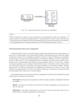 mov r1,r2 
add r2,3,r2 
store r2,[a0] 
Code source 
mov r1,r2 
mov r2,tmp 
call fct 
add r2,3,r2 
mov r2,tmp 
call fct 
store r2,[a0] 
load [a0],tmp 
call fct 
Code source 
instrumenté 
instrumentation 
Fig. 2.4 – Instrumentation de code source en assembleur 
Note 
Dans l’exemple de la figure 2.4, les instructions sont instrument´ees apr`es leur ex´ecution, ce 
qui n’est pas le cas dans notre impl´ementation : l’instrumentation se trouve avant l’ex´ecution de 
l’instruction pour des raisons de suivi des branchements (pour pouvoir instrumenter correctement 
les branchements, il est n´ecessaire de placer le code d’instrumentation avant ceux-ci). 
L’instrumentation dans notre programme 
L’instrumentation, dans le cas g´en´eral, permet d’ins´erer des instructions dans un programme. A 
partir de ce concept simple, nous avons d´ecid´e d’utiliser l’instrumentation pour ins´erer des appels 
de fonctions (´ecrites en C et compil´ees par ailleurs). De fait, les appels de fonctions en assembleur 
ne faisant pas de sauvegarde des registres globaux (accessible de n’importe o`u dans le programme). 
Il nous a fallu ajouter `a cette instrumentation une sauvegarde de contexte avant l’appel `a cette 
fonction puis une restauration apr`es (figure 2.5 page suivante). Mais ce n’est pas tout : Chaque 
instruction assembleur ayant un nombre variable d’op´erandes et de r´esultats, il nous a fallu ajouter 
une instruction d’appel `a une fonction pour chaque op´erande et pour chaque r´esultat. De plus, 
chaque acc`es `a la m´emoire n´ecessitant la r´ecup´eration de l’adresse de cet acc`es, il nous a fallu 
r´ecup´erer des informations sur la valeur des registres utilis´es par l’instruction `a instrumenter afin 
de savoir quelle ´etait l’adresse de cet acc`es m´emoire. 
L’instrumentation d’une instruction dans notre programme d’´evaluation de la quantit´e de travail 
inutile peut-ˆetre r´esum´ee en sept phases : 
– Sauvegarde : Une phase de sauvegarde du contexte (registres globaux, d´ecalage de la fenˆetre 
de registres. . .). 
– D´ebut : Une phase de cr´eation de la structure de donn´ee repr´esentant une instruction (fi-gure 
2.1 page 24). 
– Op´erandes : Une phase permettant de cr´eer les arcs vers les instructions ayant ´ecrit en 
dernier dans les ressources op´erandes de l’instruction. 
30 
 