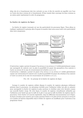 delay slot de ce branchement doit ˆetre ex´ecut´ee ou non, le flot de contrˆole est aiguill´ee vers l’une 
ou l’autre des deux versions de ce branchement. Il faut ensuite faire converger les deux versions en 
un mˆeme point repr´esentant la suite du programme. 
La fenˆetre de registres du Sparc 
La fenˆetre de registre tournante est une des particularit´e du processeur Sparc. Nous allons en 
expliquer rapidement le principe afin d’exposer la mani`ere dont nous avons trait´e cette particularit´e 
dans notre programme. 
Registres de sortie 
%o0 à %o7 
Registres locaux 
%l0 à %l7 
Registres d’entrée 
%i0 à %i7 
Registres accessibles 
au niveau n+1 
niveau n 
Registres de sortie 
%o0 à %o7 
Registres locaux 
%l0 à %l7 
Registres d’entrée 
%i0 à %i7 
Désigne les mêmes 
registres physiques 
Registres de sortie 
%o0 à %o7 
Registres locaux 
%l0 à %l7 
Registres d’entrée 
%i0 à %i7 
niveau n+2 
Désigne les mêmes 
registres physiques 
L’instruction « save » permet de passer d’un niveau n `a un niveau n+1 (utilis´e g´en´eralement comme 
une sauvegarde de contexte avec en plus la possibilit´e de passer des param`etres d’un contexte `a 
l’autre au niveau de la zone de recouvrement de la fenˆetre n et n+1). 
L’instruction « restore » permet de passer d’un niveau n `a un niveau n-1 (utilis´e g´en´eralement 
comme une restauration de contexte avec en plus la possibilit´e de passer des r´esultats d’un contexte 
`a l’autre au niveau de la zone de recouvrement de la fenˆetre n et n-1). 
Fig. 2.6 – Le principe de la fenˆetre de registres du Sparc 
Lorsque le nombre de registres utilis´es d´epasse le nombre de registres physiques r´eellement 
pr´esents dans le processeur, un m´ecanisme invisible pour l’utilisateur utilise une pile en m´emoire 
pour sauvegarder la fenˆetre de registres la plus ancienne et r´eutiliser ainsi cette derni`ere comme 
une nouvelle fenˆetre vierge. De cette fa¸con, le nombre de registres virtuellement utilisables par 
l’utilisateur n’est limit´e que par la taille de la pile et non par la taille du fichier de registres dans le 
processeur. Cette fenˆetre est souvent repr´esent´ee, dans les diff´erentes documentations sur le Sparc, 
de fa¸con circulaire pour montrer que la plus ancienne fenˆetre et la plus r´ecente peuvent se recouvrir 
si le nombre de fenˆetres disponibles dans le fichier de registres est insuffisant pour l’ex´ecution d’un 
programme donn´e. 
33 
 
