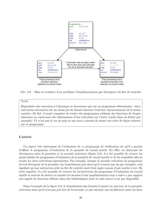 somewhere : 
sub r3,r4,r5 
... 
mov r1,r2 
add r2,3,r2 
cmp 0,r2 
be somewhere 
store r2,(a0) 
... 
Code source 
mov r1,r2 
add r2,3,r2 
cmp 0,r2 
be somewhere 
sub r3,r4,r5 
... 
Trace dynamique de la 
première exécution 
(détection du travail inutile) 
mov r1,r2 
add r2,3,r2 
cmp 0,r2 
be somewhere 
store r2,(a0) 
... 
Trace dynamique de la 
deuxième exécution (non 
exécution du travail inutile) 
L'instruction add est jugée inutile : 
elle ne sera donc pas exécutée 
lors de la seconde exécution 
Fig. 2.8 – Mise en ´evidence d’un probl`eme d’impl´ementation par divergence du flot de contrˆole 
Note 
Reproduire une ex´ecution `a l’identique ne fonctionne que sur un programme d´eterministe : deux 
ex´ecutions successives sur un mˆeme jeu de donn´ee doivent s’ex´ecuter rigoureusement de la mˆeme 
mani`ere. De fait, il serait complexe de traiter des programmes utilisant des fonctions de tirages 
al´eatoires ou conservant des informations d’une ex´ecution sur l’autre (cache dans un fichier par 
exemple). Ce n’est pas le cas de gzip ce qui nous a permis de mener nos tests de fa¸con correcte 
sur ce programme. 
L’int´erˆet 
Un aspect tr`es int´eressant de l’utilisation de ce programme de v´erification est qu’il a permis 
d’affiner le programme d’´evaluation de la quantit´e de travail inutile. En effet, en observant les 
divergences entre la premi`ere et la seconde ex´ecution (figure 2.8), il a ´et´e possible de trouver les 
points faibles du programme d’´evaluation de la quantit´e de travail inutile et de les consolider afin de 
rendre les deux ex´ecutions ´equivalentes. Par exemple, lorsque la seconde ex´ecution du programme 
de test divergeait de la premi`ere (un branchement pris alors qu’il n’aurait pas du par exemple), cela 
signifiait qu’une instruction utile au flot de contrˆole avait ´etait jug´ee comme ´etant inutile `a tort. De 
cette mani`ere, il a ´et´e possible de trouver les incorrections du programme d’´evaluation du travail 
inutile et surtout de mettre en lumi`ere les lacunes d’une impl´ementation trop « na¨ıve » par rapport 
aux appels de fonctions d´efinies dans des biblioth`eques dont le code source n’est pas disponible. 
Dans l’exemple de la figure 2.8, le branchement be (branch if equal) est pris lors de la premi`ere 
ex´ecution alors qu’il n’est pas pris lors de la seconde, ce qui entraˆıne une incoh´erence entre les deux 
38 
 
