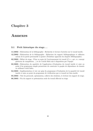Chapitre 3 
Annexes 
3.1 Petit historique du stage. . . 
11/2002 : Elaboration de la bibliographie : Recherche et lecture d’articles sur le travail inutile. 
12/2002 : Elaboration de la bibliographie : R´edaction du rapport bibliographique et r´eflexion 
autour de la partie personnelle `a ajouter (Troisi`eme approche du chapitre Bibliographie). 
02/2003 : D´ebut du stage : Prise en main de l’environnement de travail (C++, gcc, cc, concept 
g´en´eraux de compilation. . .) et de l’outils Salto mis `a disposition par l’´equipe. 
03/2003 : Elaboration du squelette de l’application d’´evaluation du travail inutile et mise au 
point d’un programme simple permettant de construire le graphe de d´ependance de donn´ee 
en utilisant l’outil Salto. 
04/2003 : Impl´ementation et test sur gzip du programme d’´evaluation de la quantit´e de travail 
inutile et mise au point du programme de v´erification que ce travail est bien inutile. 
05/2003 : Test du protocole, optimisation, collecte des r´esultats, et ´ecriture du rapport de stage. 
06/2003 : Fin du rapport et pr´esentation orale du travail effectu´e en stage 
46 
 