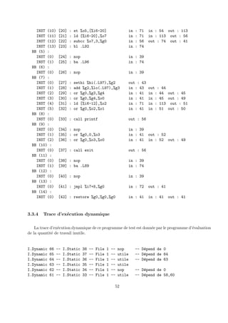 INST (10) [20] : st %o5,[%i6-20] in : 71 in : 54 out : 113 
INST (11) [21] : ld [%i6-20],%o7 in : 71 in : 113 out : 56 
INST (12) [22] : subcc %o7,3,%g0 in : 56 out : 74 out : 41 
INST (13) [23] : bl .L92 in : 74 
BB (5) : 
INST (0) [24] : nop in : 39 
INST (1) [25] : ba .L96 in : 74 
BB (6) : 
INST (0) [26] : nop in : 39 
BB (7) : 
INST (0) [27] : sethi %hi(.L97),%g2 out : 43 
INST (1) [28] : add %g2,%lo(.L97),%g3 in : 43 out : 44 
INST (2) [29] : or %g0,%g3,%g4 in : 41 in : 44 out : 45 
INST (3) [30] : or %g0,%g4,%o0 in : 41 in : 45 out : 49 
INST (4) [31] : ld [%i6-12],%o2 in : 71 in : 113 out : 51 
INST (5) [32] : or %g0,%o2,%o1 in : 41 in : 51 out : 50 
BB (8) : 
INST (0) [33] : call printf out : 56 
BB (9) : 
INST (0) [34] : nop in : 39 
INST (1) [35] : or %g0,0,%o3 in : 41 out : 52 
INST (2) [36] : or %g0,%o3,%o0 in : 41 in : 52 out : 49 
BB (10) : 
INST (0) [37] : call exit out : 56 
BB (11) : 
INST (0) [38] : nop in : 39 
INST (1) [39] : ba .L89 in : 74 
BB (12) : 
INST (0) [40] : nop in : 39 
BB (13) : 
INST (0) [41] : jmpl %i7+8,%g0 in : 72 out : 41 
BB (14) : 
INST (0) [42] : restore %g0,%g0,%g0 in : 41 in : 41 out : 41 
3.3.4 Trace d’ex´ecution dynamique 
La trace d’ex´ecution dynamique de ce programme de test est donn´ee par le programme d’´evaluation 
de la quantit´e de travail inutile. 
I.Dynamic 66 -- I.Static 38 -- File 1 -- nop -- D´epend de 0 
I.Dynamic 65 -- I.Static 37 -- File 1 -- utile -- D´epend de 64 
I.Dynamic 64 -- I.Static 36 -- File 1 -- utile -- D´epend de 63 
I.Dynamic 63 -- I.Static 35 -- File 1 -- utile 
I.Dynamic 62 -- I.Static 34 -- File 1 -- nop -- D´epend de 0 
I.Dynamic 61 -- I.Static 33 -- File 1 -- utile -- D´epend de 58,60 
52 
 