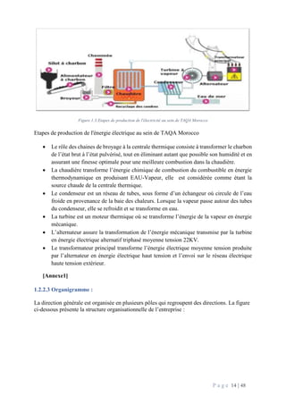 P a g e 14 | 48
Figure 1.3:Etapes de production de l'électricité au sein de TAQA Morocco
Etapes de production de l'énergie électrique au sein de TAQA Morocco
 Le rôle des chaines de broyage à la centrale thermique consiste à transformer le charbon
de l’état brut à l’état pulvérisé, tout en éliminant autant que possible son humidité et en
assurant une finesse optimale pour une meilleure combustion dans la chaudière.
 La chaudière transforme l’énergie chimique de combustion du combustible en énergie
thermodynamique en produisant EAU-Vapeur, elle est considérée comme étant la
source chaude de la centrale thermique.
 Le condenseur est un réseau de tubes, sous forme d’un échangeur où circule de l’eau
froide en provenance de la baie des chaleurs. Lorsque la vapeur passe autour des tubes
du condenseur, elle se refroidit et se transforme en eau.
 La turbine est un moteur thermique où se transforme l’énergie de la vapeur en énergie
mécanique.
 L’alternateur assure la transformation de l’énergie mécanique transmise par la turbine
en énergie électrique alternatif triphasé moyenne tension 22KV.
 Le transformateur principal transforme l’énergie électrique moyenne tension produite
par l’alternateur en énergie électrique haut tension et l’envoi sur le réseau électrique
haute tension extérieur.
[Annexe1]
1.2.2.3 Organigramme :
La direction générale est organisée en plusieurs pôles qui regroupent des directions. La figure
ci-dessous présente la structure organisationnelle de l’entreprise :
 
