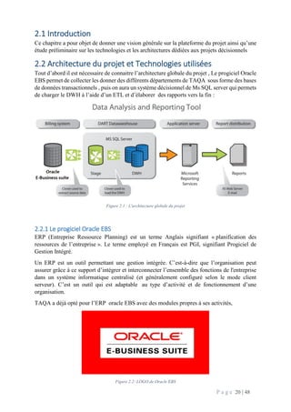 P a g e 20 | 48
2.1 Introduction
Ce chapitre a pour objet de donner une vision générale sur la plateforme du projet ainsi qu’une
étude préliminaire sur les technologies et les architectures dédiées aux projets décisionnels
2.2 Architecture du projet et Technologies utilisées
Tout d’abord il est nécessaire de connaitre l’architecture globale du projet , Le progiciel Oracle
EBS permet de collecter les donner des différents départements de TAQA sous forme des bases
de données transactionnels , puis on aura un système décisionnel de Ms SQL server qui permets
de charger le DWH à l’aide d’un ETL et d’élaborer des rapports vers la fin :
Figure 2.1 : L'architecture globale du projet
2.2.1 Le progiciel Oracle EBS
ERP (Entreprise Ressource Planning) est un terme Anglais signifiant « planification des
ressources de l’entreprise ». Le terme employé en Français est PGI, signifiant Progiciel de
Gestion Intégré.
Un ERP est un outil permettant une gestion intégrée. C’est-à-dire que l’organisation peut
assurer grâce à ce support d’intégrer et interconnecter l’ensemble des fonctions de l'entreprise
dans un système informatique centralisé (et généralement configuré selon le mode client
serveur). C’est un outil qui est adaptable au type d’activité et de fonctionnement d’une
organisation.
TAQA a déjà opté pour l’ERP oracle EBS avec des modules propres à ses activités,
Figure 2.2: LOGO de Oracle EBS
 
