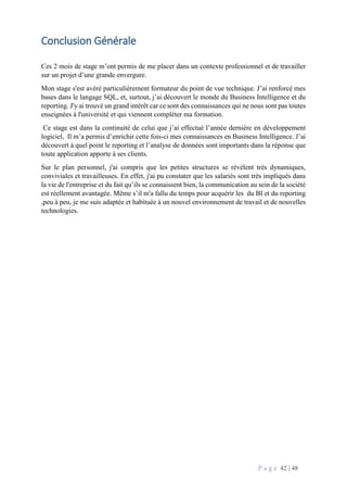 P a g e 42 | 48
Conclusion Générale
Ces 2 mois de stage m’ont permis de me placer dans un contexte professionnel et de travailler
sur un projet d’une grande envergure.
Mon stage s'est avéré particulièrement formateur du point de vue technique. J’ai renforcé mes
bases dans le langage SQL, et, surtout, j’ai découvert le monde du Business Intelligence et du
reporting. J'y ai trouvé un grand intérêt car ce sont des connaissances qui ne nous sont pas toutes
enseignées à l'université et qui viennent compléter ma formation.
Ce stage est dans la continuité de celui que j’ai effectué l’année dernière en développement
logiciel, Il m’a permis d’enrichir cette fois-ci mes connaissances en Business Intelligence. J’ai
découvert à quel point le reporting et l’analyse de données sont importants dans la réponse que
toute application apporte à ses clients.
Sur le plan personnel, j'ai compris que les petites structures se révèlent très dynamiques,
conviviales et travailleuses. En effet, j'ai pu constater que les salariés sont très impliqués dans
la vie de l'entreprise et du fait qu’ils se connaissent bien, la communication au sein de la société
est réellement avantagée. Même s’il m'a fallu du temps pour acquérir les du BI et du reporting
,peu à peu, je me suis adaptée et habituée à un nouvel environnement de travail et de nouvelles
technologies.
 
