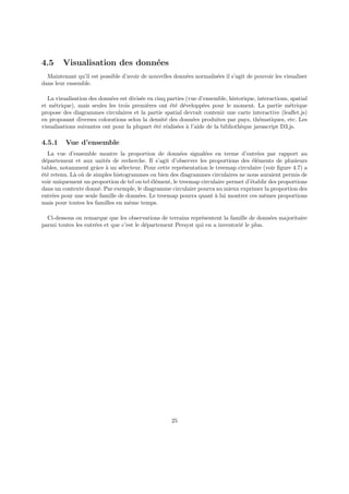 4.5 Visualisation des données
Maintenant qu’il est possible d’avoir de nouvelles données normalisées il s’agit de pouvoir les visualiser
dans leur ensemble.
La visualisation des données est divisée en cinq parties (vue d’ensemble, historique, interactions, spatial
et métrique), mais seules les trois premières ont été développées pour le moment. La partie métrique
propose des diagrammes circulaires et la partie spatial devrait contenir une carte interactive (leaflet.js)
en proposant diverses colorations selon la densité des données produites par pays, thématiques, etc. Les
visualisations suivantes ont pour la plupart été réalisées à l’aide de la bibliothèque javascript D3.js.
4.5.1 Vue d’ensemble
La vue d’ensemble montre la proportion de données signalées en terme d’entrées par rapport au
département et aux unités de recherche. Il s’agit d’observer les proportions des éléments de plusieurs
tables, notamment grâce à un sélecteur. Pour cette représentation le treemap circulaire (voir figure 4.7) a
été retenu. Là où de simples histogrammes ou bien des diagrammes circulaires ne nous auraient permis de
voir uniquement un proportion de tel ou tel élément, le treemap circulaire permet d’établir des proportions
dans un contexte donné. Par exemple, le diagramme circulaire pourra au mieux exprimer la proportion des
entrées pour une seule famille de données. Le treemap pourra quant à lui montrer ces mêmes proportions
mais pour toutes les familles en même temps.
Ci-dessous on remarque que les observations de terrains représentent la famille de données majoritaire
parmi toutes les entrées et que c’est le département Persyst qui en a inventorié le plus.
25
 