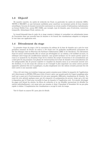 1.3 Objectif
De manière concrète, les unités de recherche du Cirad, en particulier les unités de recherche AIDA,
TETIS et SELMET, se sont fortement mobilisées pour constituer un inventaire précis de leurs données
scientifiques. Les jeux de données inventoriés contiennent un certain nombre d’informations (métadonnées
au format Dublin Core, norme ISO 15836), par exemple, type de données, pays d’exécution, couverture
temporelle, thématiques Cirad, auteurs, etc.
Le travail demandé dans le cadre de ce stage consiste à intégrer et normaliser ces métadonnées issues
de l’inventaire dans une nouvelle base de données et de fournir des visualisations adaptées en intégrant
le tout dans une application web.
1.4 Déroulement du stage
La première étape du stage a été la conception du schéma de la base de données qui a pris les trois
premières semaines de février où celui-ci a été révisé avec de profondes modifications notamment du
fait des échanges entre la Direction des Systèmes d’Information (DSI) et les chercheurs. Ces discussions
étant de nature institutionnelle elles ne seront pas développées ici. Le schéma a été stabilisé mi-mars, en
subissant entre-temps des modifications mineures, sans grande incidence sur les autres parties ayant eu
cours à ce moment-là. La deuxième étape fut la création des scripts d’extraction et de normalisation qui
a duré près de cinq semaines. Les phases de restructuration de la base de données et de normalisation ont
été indispensables afin de pouvoir exploiter et visualiser les données sinon on se retrouvait souvent avec
des doublons, le cas des noms des auteurs en est l’exemple le plus important (un même auteur pouvait
apparaı̂tre plusieurs fois sur le graphique), ou plus simplement avec des valeurs erronées pouvant être dû
entre autres à une mauvaise saisie.
Cela a été suivi dans un troisième temps par quatre semaines pour réaliser la maquette de l’application
web (directement en HTML/CSS pour éviter d’avoir à gérer une grande partie de l’aspect graphique plus
tard) qui a aussi servi d’environnement de test pour manipuler différentes visualisations de données. Au
cours de cette période quelques jours ont été consacrés à la préparation du serveur vierge qui a été mis
à disposition par le Cirad pour accueillir la base de données et l’application web. J’ai ensuite développé
les pages web listant les entrées, les filtres de recherche et la vue détaillée (permettant de détailler les
entrées individuellement), ceci ayant pris une semaine et demi. Cependant le formulaire fut un peu plus
rapide à réaliser. L’implantation des visualisations a occupé le reste du temps.
Voir le Gantt en annexe B.1 pour plus de détails.
7
 