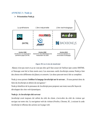 ANNEXE 3 : Node js
 Présentation Node.js
Figure 78: Les 3 vies de JavaScript
JQuery n'est pas mort et ça ne veut pas dire qu'il faut cesser de l'utiliser (par contre DHTML
et Netscape sont bel et bien morts eux). Les nouveaux outils JavaScript comme Node.js font
des choses très différentes de jQuery et consorts. Les deux peuvent tout à fait se compléter.
Node.js nous permet d'utiliser le langage JavaScript sur le serveur... Il nous permet donc de
faire du JavaScript en dehors du navigateur !
Node.js bénéficie de la puissance de JavaScript pour proposer une toute nouvelle façon de
développer des sites web dynamiques.
Node.js : le JavaScript côté serveur
JavaScript avait toujours été utilisé du côté du client, c'est-à-dire du côté du visiteur qui
navigue sur notre site. Le navigateur web du visiteur (Firefox, Chrome, IE...) exécute le code
JavaScript et effectue des actions sur la page web.
 