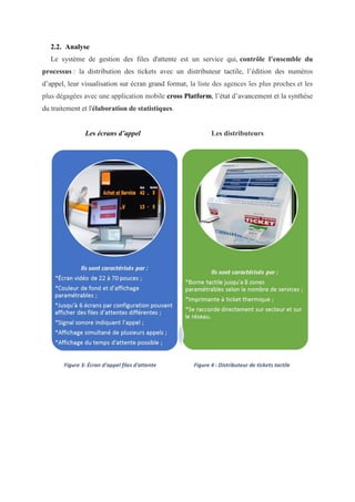 2.2. Analyse
Le système de gestion des files d'attente est un service qui, contrôle l’ensemble du
processus : la distribution des tickets avec un distributeur tactile, l’édition des numéros
d’appel, leur visualisation sur écran grand format, la liste des agences les plus proches et les
plus dégagées avec une application mobile cross Platform, l’état d’avancement et la synthèse
du traitement et l'élaboration de statistiques.
Les écrans d’appel Les distributeurs
Figure 3: Écran d’appel files d'attente Figure 4 : Distributeur de tickets tactile
 