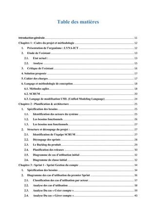 Table des matières
Introduction générale........................................................................................................................... 11
Chapitre 1 : Cadre du projet et méthodologie.................................................................................. 12
1. Présentation de l’organisme : LYNA-ICT ............................................................................ 12
2. Etude de l’existant................................................................................................................... 13
2.1. Etat actuel :...................................................................................................................... 13
2.2. Analyse ............................................................................................................................. 15
3. Critique de l’existant............................................................................................................... 16
4. Solution proposée ........................................................................................................................ 17
5. Cahier des charges....................................................................................................................... 17
6. Langage et méthodologie de conception.................................................................................... 18
6.1. Méthodes agiles..................................................................................................................... 18
6.2. SCRUM ................................................................................................................................. 20
6.3. Langage de modélisation UML (Unified Modeling Language)........................................ 24
Chapitre 2 : Planification & architecture ......................................................................................... 25
1. Spécification des besoins......................................................................................................... 25
1.1. Identification des acteurs du système ............................................................................ 25
1.2. Les besoins fonctionnels.................................................................................................. 26
1.3. Les besoins non fonctionnels........................................................................................... 27
2. Structure et découpage du projet : ........................................................................................ 27
2.1. Identification de l’équipe SCRUM................................................................................. 27
2.2. Découpage des sprints..................................................................................................... 28
2.3. Le Backlog du produit..................................................................................................... 29
2.4. Planification des releases ................................................................................................ 30
2.5. Diagramme de cas d’utilisation initial........................................................................... 32
2.6. Diagramme de classe initial ............................................................................................ 32
Chapitre 3 : Sprint 1 - Sprint Gestion du compte ............................................................................ 34
1. Spécification des besoins......................................................................................................... 34
2. Diagramme des cas d’utilisation du premier Sprint ............................................................ 36
2.1. Classification des cas d’utilisation par acteur............................................................... 37
2.2. Analyse des cas d’utilisation........................................................................................... 38
2.3. Analyse Du cas « Créer compte »................................................................................... 39
2.4. Analyse Du cas « Gérer compte »................................................................................... 40
 