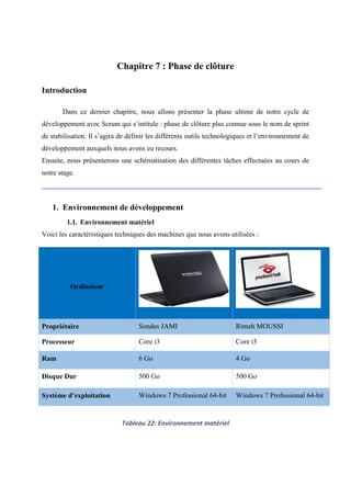 Chapitre 7 : Phase de clôture
Introduction
Dans ce dernier chapitre, nous allons présenter la phase ultime de notre cycle de
développement avec Scrum qui s’intitule : phase de clôture plus connue sous le nom de sprint
de stabilisation. Il s’agira de définir les différents outils technologiques et l’environnement de
développement auxquels nous avons eu recours.
Ensuite, nous présenterons une schématisation des différentes tâches effectuées au cours de
notre stage.
1. Environnement de développement
1.1. Environnement matériel
Voici les caractéristiques techniques des machines que nous avons utilisées :
Ordinateur
Propriétaire Sondes JAMI Rimeh MOUSSI
Processeur Core i3 Core i3
Ram 6 Go 4 Go
Disque Dur 500 Go 500 Go
Système d’exploitation Windows 7 Professional 64-bit Windows 7 Professional 64-bit
Tableau 22: Environnement matériel
 