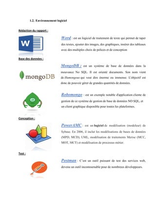 1.2. Environnement logiciel
Rédaction du rapport :
Word : est un logiciel de traitement de texte qui permet de taper
des textes, ajouter des images, des graphiques, insérer des tableaux
avec des multiples choix de polices et de conception
Base des données :
MongoDB : est un système de base de données dans la
mouvance No SQL. Il est orienté documents. Son nom vient
de Humongous qui veut dire énorme ou immense. L'objectif est
donc de pouvoir gérer de grandes quantités de données.
Robomongo : est un exemple notable d'application cliente de
gestion de ce système de gestion de base de données NO SQL, et
un client graphique disponible pour toutes les plateformes.
Conception :
PowerAMC : est un logiciel de modélisation (modeleur) de
Sybase. En 2006, il inclut les modélisations de bases de données
(MPD, MCD), UML, modélisation de traitements Merise (MCC,
MOT, MCT) et modélisation de processus métier.
Test :
Postman : C’est un outil puissant de test des services web,
devenu un outil incontournable pour de nombreux développeurs.
 