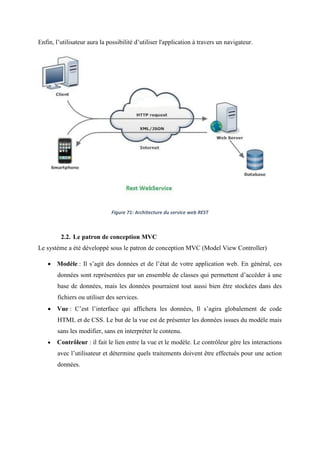 Enfin, l’utilisateur aura la possibilité d’utiliser l'application à travers un navigateur.
Figure 71: Architecture du service web REST
2.2. Le patron de conception MVC
Le système a été développé sous le patron de conception MVC (Model View Controller)
 Modèle : Il s’agit des données et de l’état de votre application web. En général, ces
données sont représentées par un ensemble de classes qui permettent d’accéder à une
base de données, mais les données pourraient tout aussi bien être stockées dans des
fichiers ou utiliser des services.
 Vue : C’est l’interface qui affichera les données, Il s’agira globalement de code
HTML et de CSS. Le but de la vue est de présenter les données issues du modèle mais
sans les modifier, sans en interpréter le contenu.
 Contrôleur : il fait le lien entre la vue et le modèle. Le contrôleur gère les interactions
avec l’utilisateur et détermine quels traitements doivent être effectués pour une action
données.
 