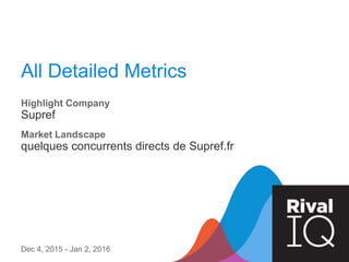All Detailed Metrics
Highlight Company
Supref
Dec 4, 2015 - Jan 2, 2016
Market Landscape
quelques concurrents directs de Supref.fr
 