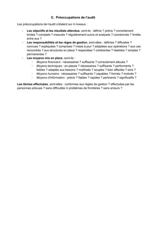 C. Préoccupations de l’audit
Les préoccupations de l’audit s’étalent sur 4 niveaux :
-

-

-

Les objectifs et les résultats attendus, sont-ils : définis ? précis ? correctement
limités ? complets ? mesurés ? régulièrement suivis et analysés ? coordonnés ? limités
entre eux ?
Les responsabilités et les règes de gestion, sont-elles : définies ? diffusées ?
connues ? expliquées ? comprises ? mises à jour ? adaptées aux opérations ? aux cas
rencontrés ? aux structures en place ? respectées ? cohérentes ? réalistes ? simples ?
permanentes ?
Les moyens mis en place, sont-ils :
 Moyens financiers : nécessaires ? suffisants ? correctement alloués ?
 Moyens techniques : en places ? nécessaires ? suffisants ? performants ?
faibles ? adaptés aux besoins ? maîtrisés ? souples ? bien affectés ? sûrs ?
 Moyens humains : nécessaires ? suffisants ? capables ? formés ? motivés ?
 Moyens d’information : précis ? fiables ? rapides ? pertinents ? significatifs ?

Les tâches effectuées, sont-elles : conformes aux règles de gestion ? effectuées par les
personnes prévues ? sans difficultés ni problèmes de frontières ? sans erreurs ?

 
